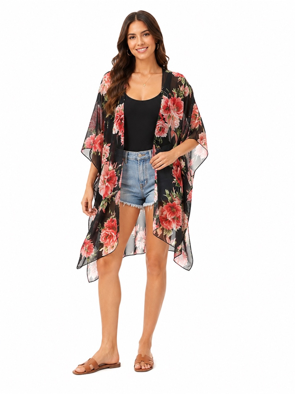 EUC Color Swatch Black Floral Kimono Beach Cover Up 🌈